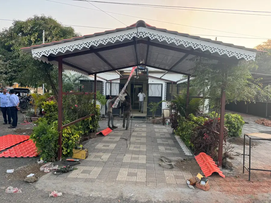 Entrance walkway canopy structure fabricated and roofed