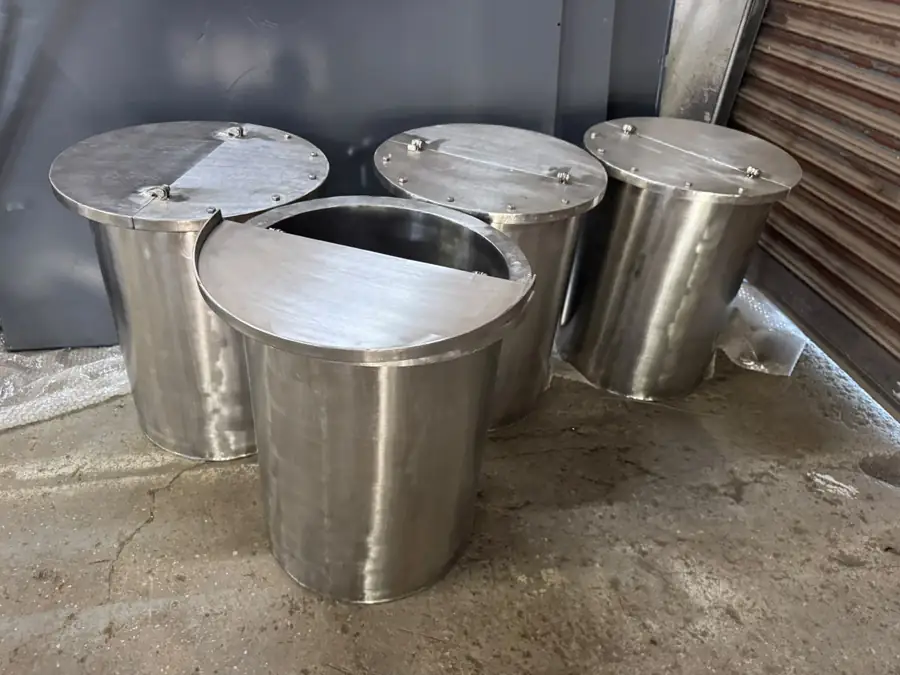 Lidded SS 304 storage tanks fabricated at the works